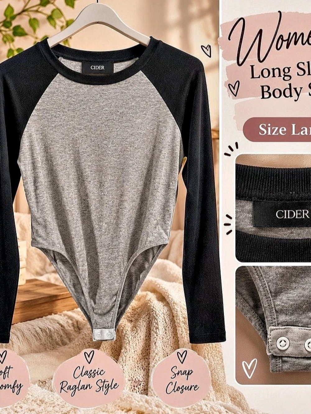 Cider Round Neckline Contrasting Binding Raglan Sleeve Bodysuit Large